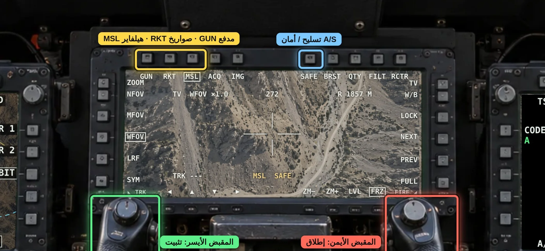 شاشة TEDAC في قمرة الأباتشي داخل اللعبة، مع توضيح أزرار اختيار السلاح والتسليح والإطلاق